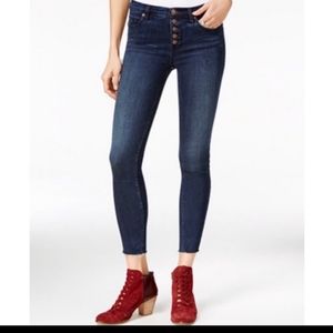 Free People Exposed Button Down Cut off Hem Skinny Dark Wash Blue Jeans.
